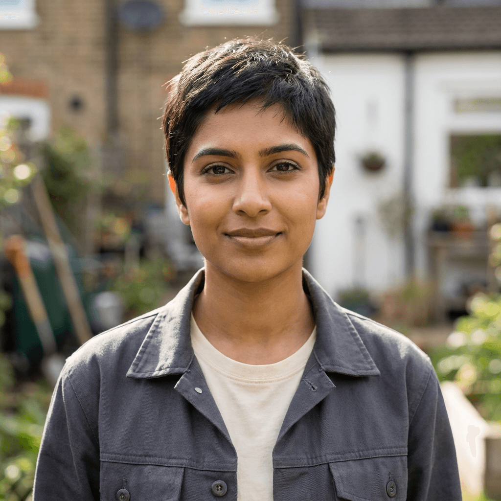 Priya Patel, a woman in her mid 30s, reviewing plans in her backyard