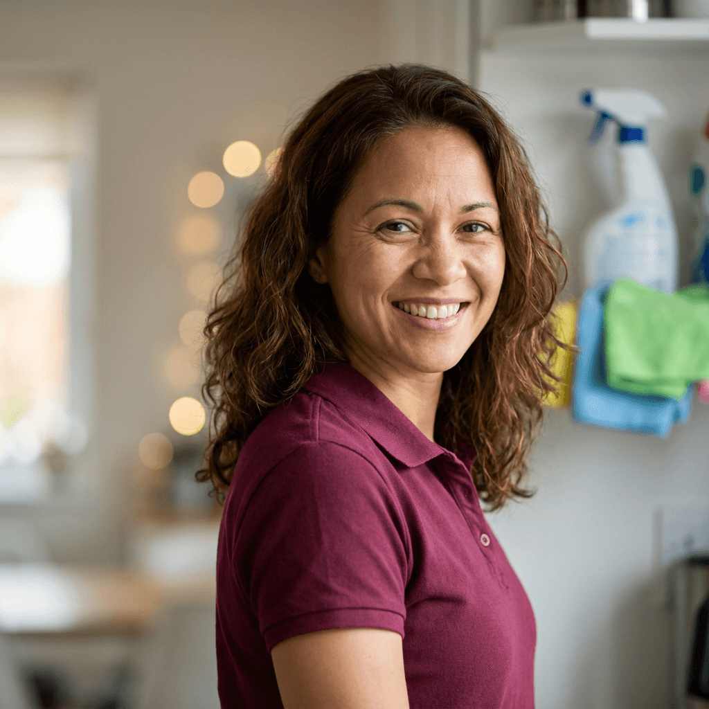 Emily Rodriguez, a woman in her late 30s, smiling in her living room with a mounted shelf