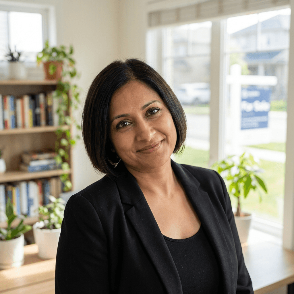 Priya Patel, a female homeowner in her early 30s, South Asian, bright confident look, standing near a front door