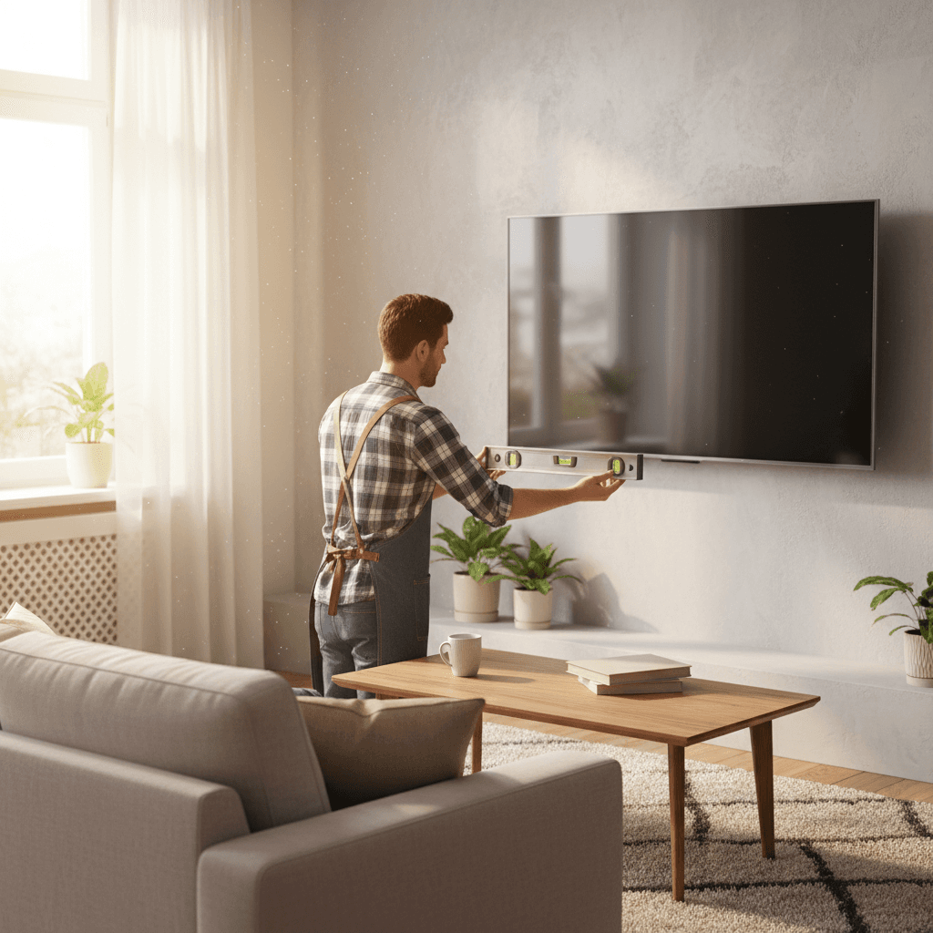 Handyperson leveling a wall-mounted flat screen TV