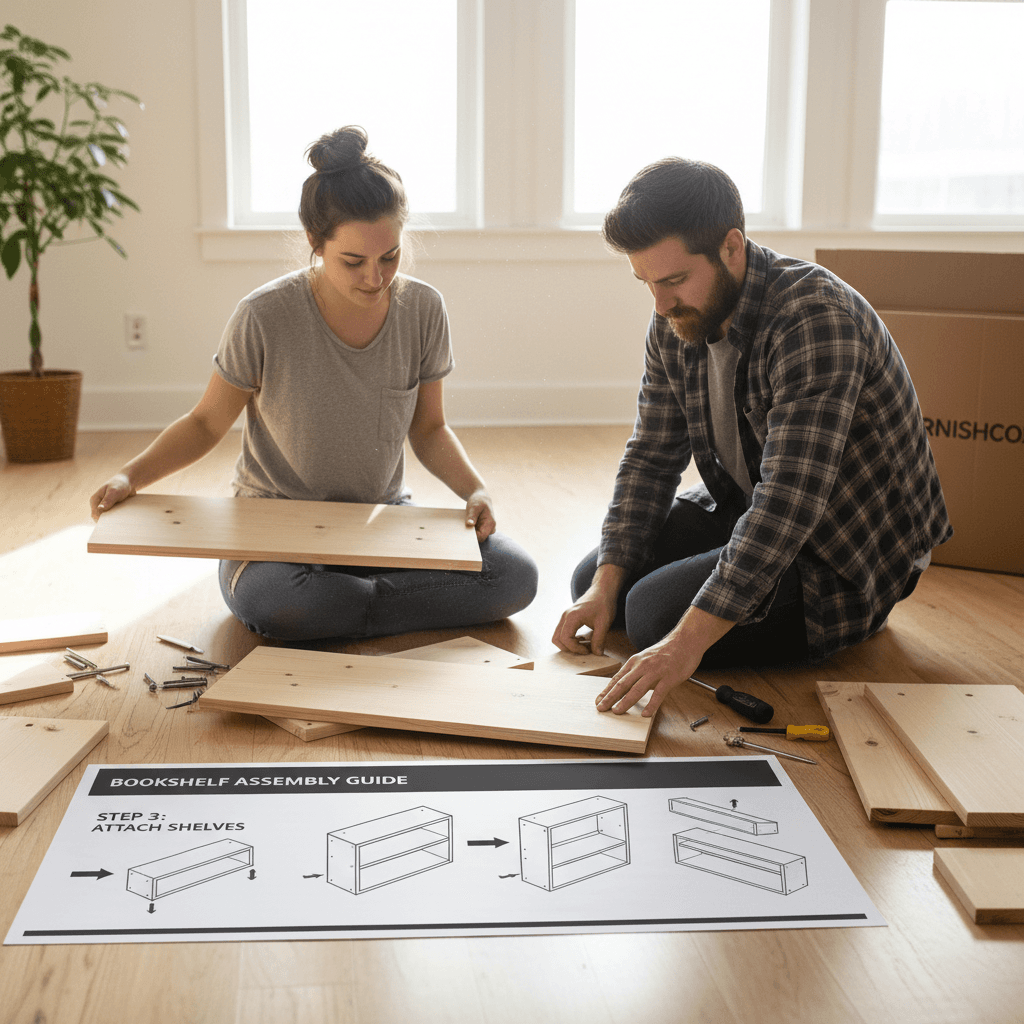 Two people assembling a wooden bookshelf together