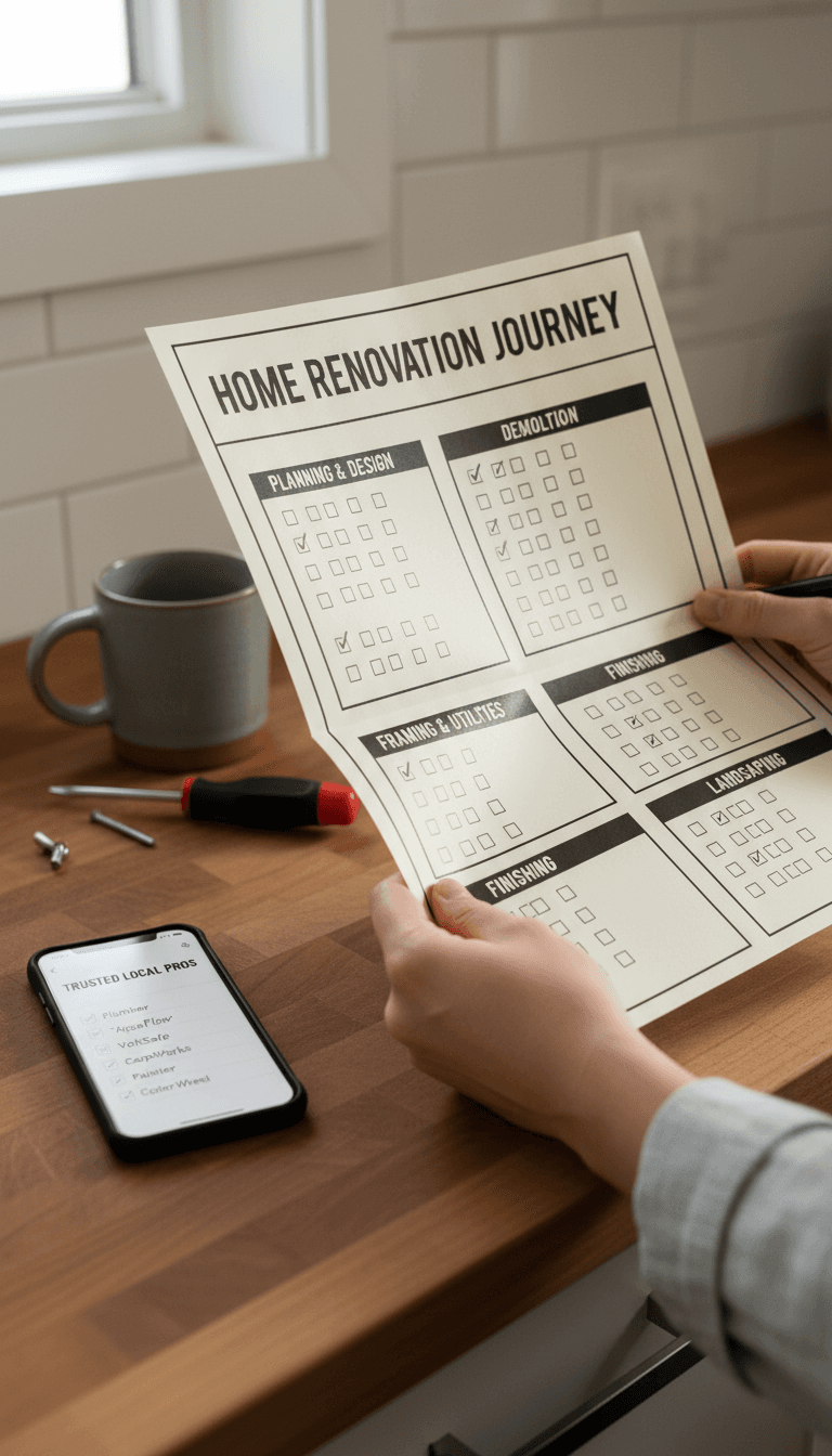 Homeowner reviewing a detailed project plan with a list of local pros on their phone
