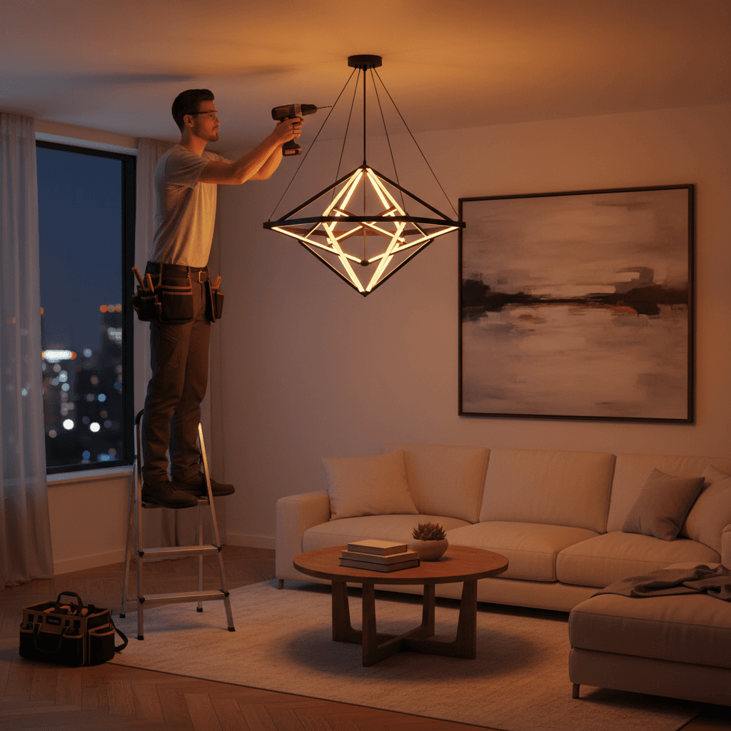 Electrician installing a pendant light fixture