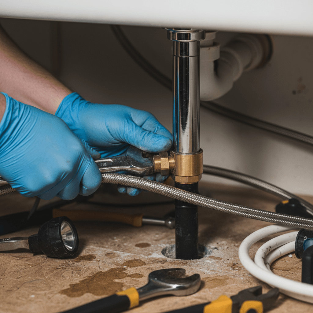 Plumber installing a new kitchen faucet