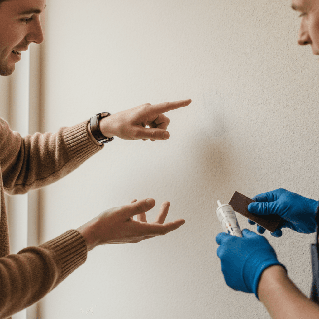 Homeowner pointing at a minor wall scuff for a repair pro