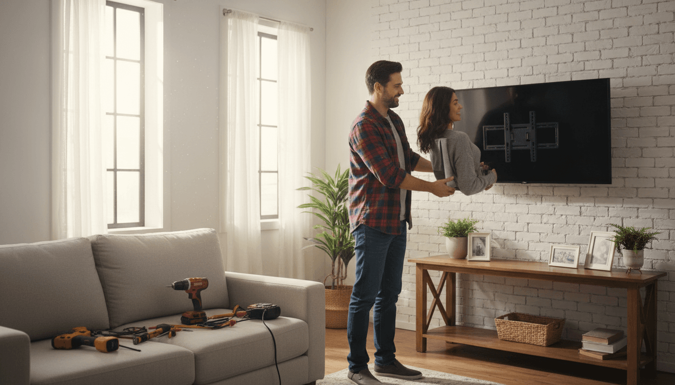 Local pro and homeowner working together on a TV mounting project