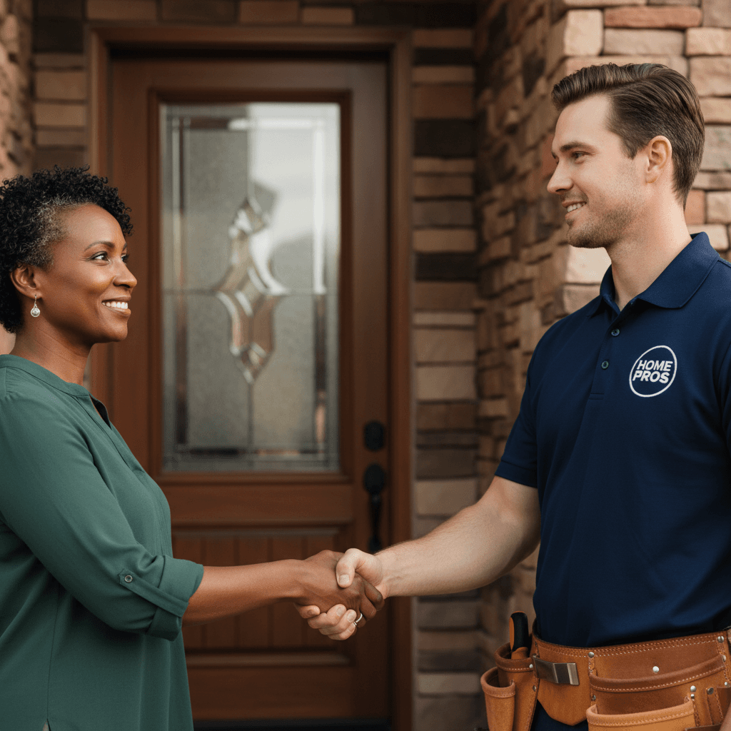 Contractor shaking hands with a homeowner on a front porch