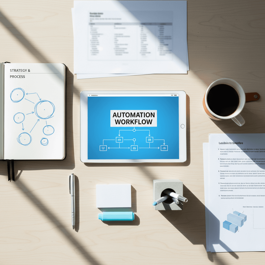 Overhead view of a project blueprint and timeline on a wooden desk