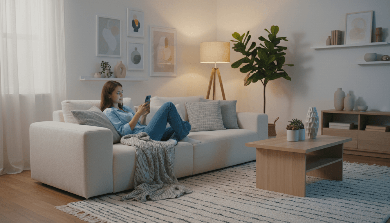 Homeowner reviewing a simple project plan on a phone while sitting in a bright living room