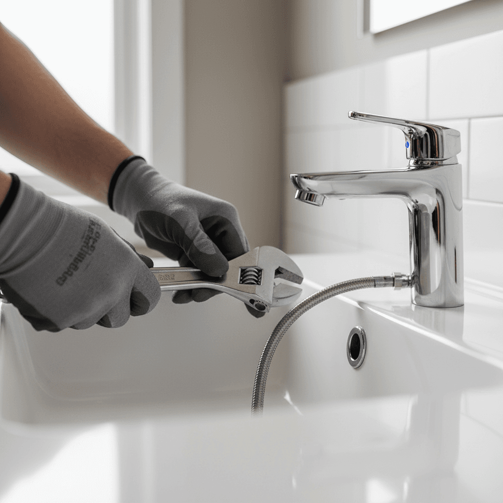 Hands installing a new bathroom faucet