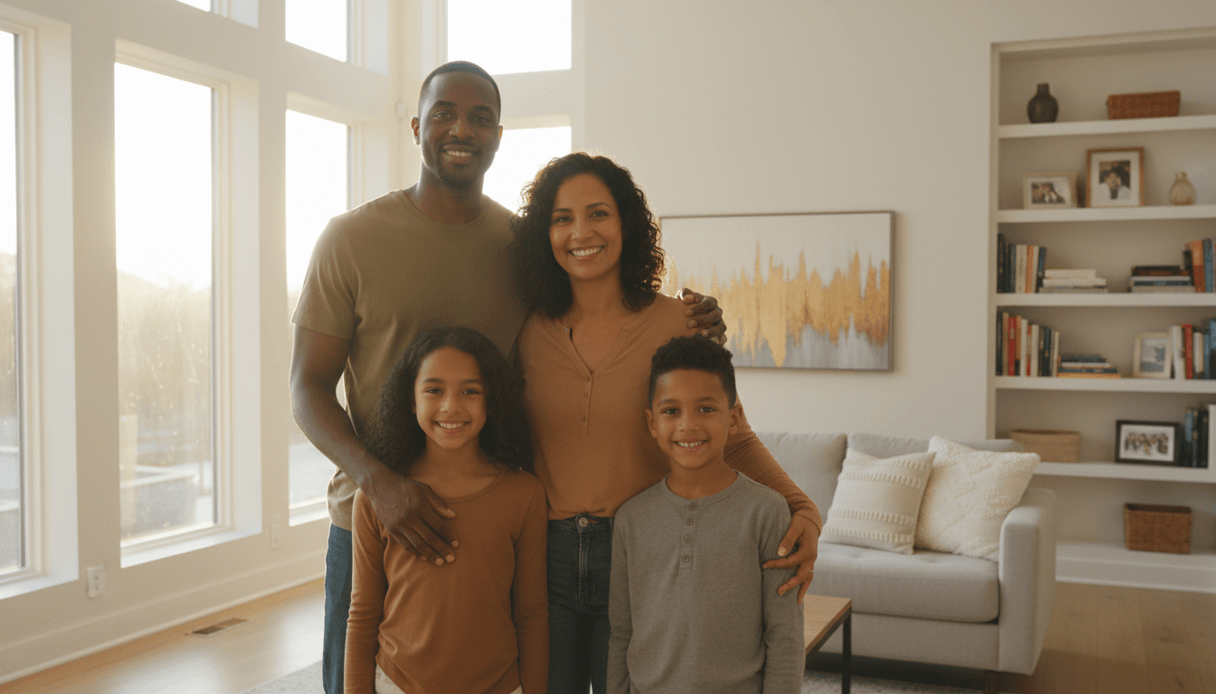 Family relaxing in a bright living room while a pro works in the background